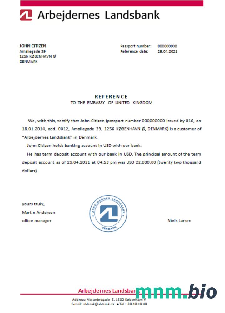 Przykład odniesienia Danii Arbejdernes Landsbank w formatach Word i PDF